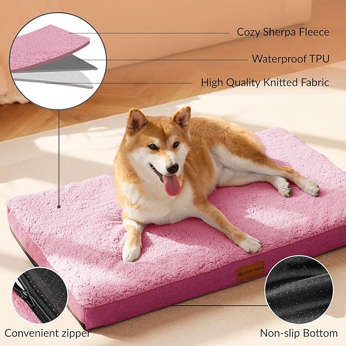 Patas Lague Orthopedic Dog Bed Medium Size Dog 30''X20'', Soft Comfortable Waterproof Egg Crate Foam Medium Pet Crate Beds Mat with Removable Washable Cover and Non-Slip Bottom, Hot Pink