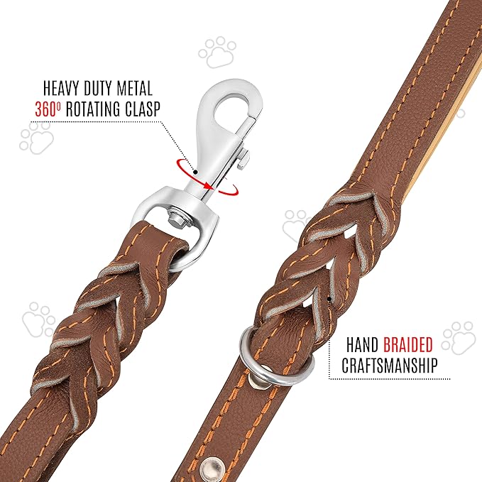 Riparo Leather Dog Leash 6ft with 2 Handles Padded Traffic Handle for Extra Control, Leather Dog Leashes for Large Breed Dogs Training Walking Heavy Duty Leashes for Dogs (Brown, L: 3/4" x6ft)