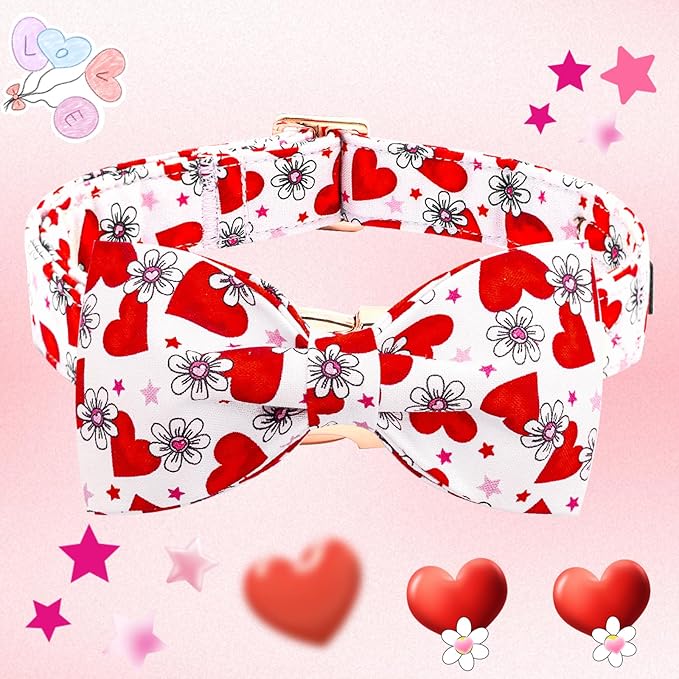 Elegant little tail Valentine's Dog Collar, Cute Pink Heart Pet Collars Soft Dog Puppy Collar Female or Male Adjustable Cotton Pet Collars with Bow for Small Medium Large Dogs