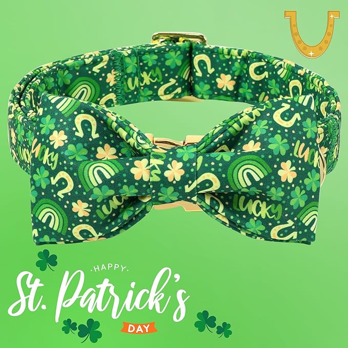 DOGWONG St. Patrick's Day Dog Collar with Bow Tie- Lucky Shamrock Bowtie Collar for Girl Boy Dog, Trefoil Dogs Collars Durable Adjustable, L