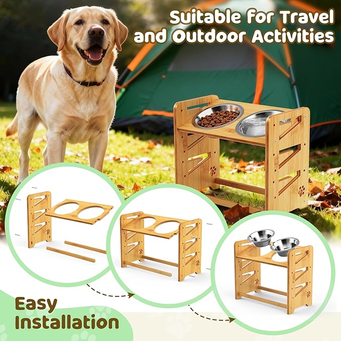 Elevated Dog Bowls, Adjustable Raised Dog Bowl Stand for Large and Medium Pet, 15" High Bamboo Pet Food Feeder with 2 Stainless Steel Dishes（6 Height）