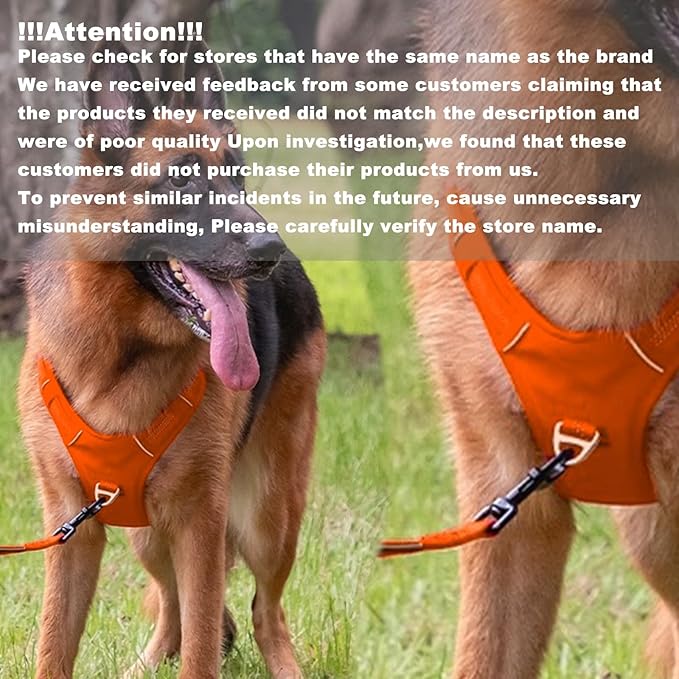 No Pull Dog Harness for Extra Large Dogs, Adjustable, Reflective Breathable Padded Vest with 2 Metal Leash Clips and Handle for Control or Car Seatbelt Use, Orange, XL
