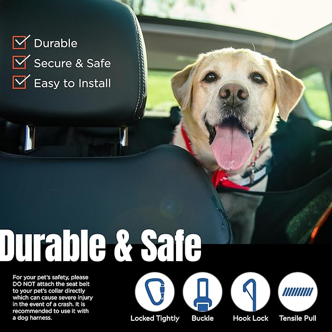 Dog Seat Belt for Car | Universal Dog Car Seatbelt | Durable Reflective Rope with Clip Hook Latch, Buckle and Carabiner- Safe and Secure Pet Safety Restraint (Black)