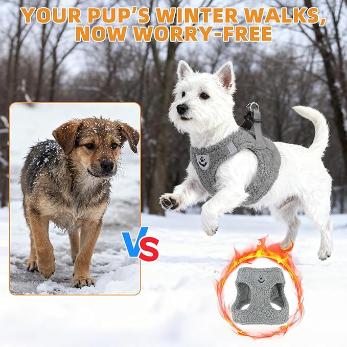 KOOLTAIL Plush Small Dog Harness and Leash Set, Warm Fleece No Pull Puppy Vest for Winter, Lightweight Reflective Step in Pet Harness for Medium Sized Dogs Boy Girl Outdoor Walking Cute Soft, Gray M
