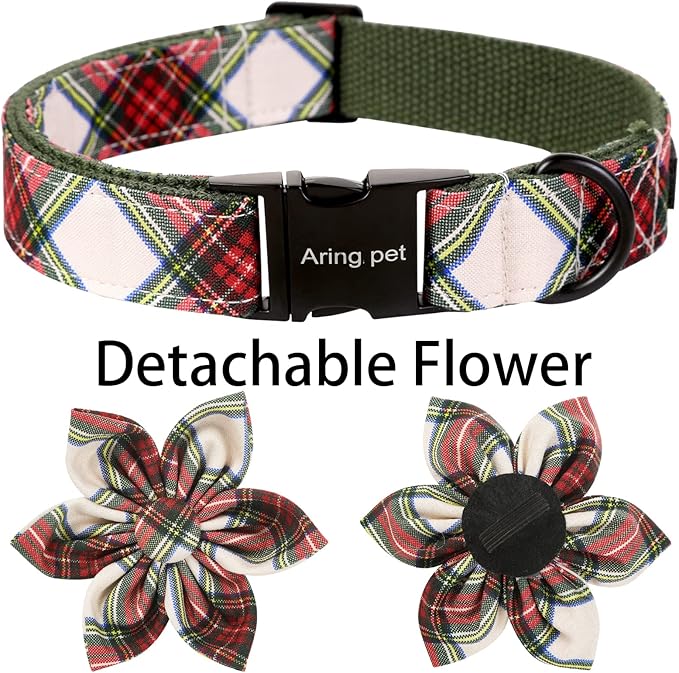 ARING PET Christmas Dog Collar, Cute Xmas Red Green Plaid Detachable Flower Pet Collar with Metal Buckle for Puppy Small Medium Large Boy Girl Dog-L