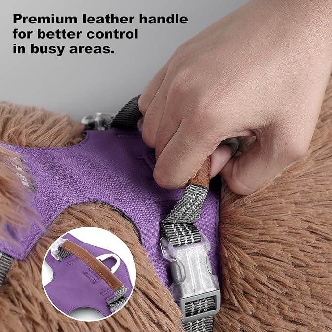 No Pull Dog Harness – Adjustable Reflective Nylon Vest for Small Medium Large Dogs, Escape Proof Training Harness with Leather Control Handle, Lightweight Aluminum Hardware (Purple, M)