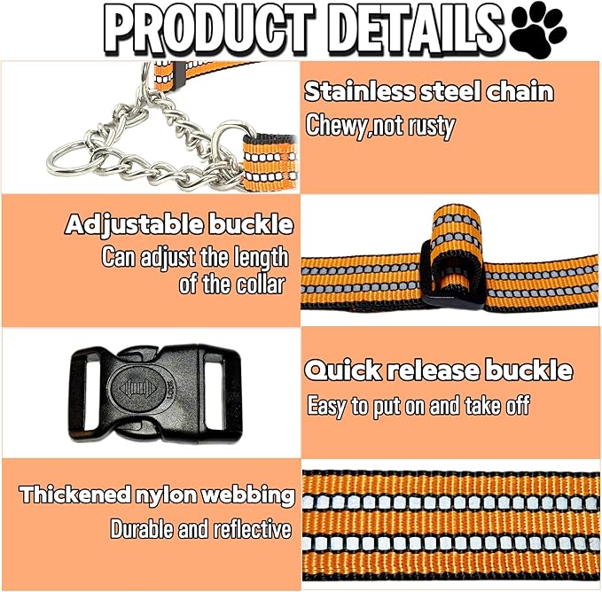 Martingale Dog Collars, Reflective Nylon Collar with Stainless Steel Chain, Adjustable Walking Training Dog Collars with Quick Release Buckle, Suitable for Small Medium Large Dogs(Orange,XL)