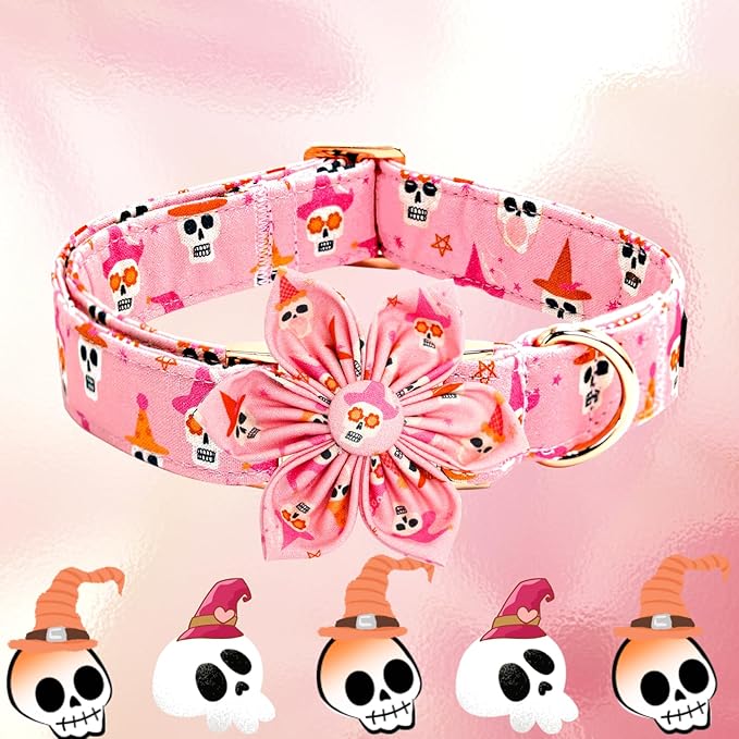 Elegant little tail Halloween Dog Collar, Ghosts Print Pumpkin Pet Collars with Flower Puppy Collar Flower Female or Male Cotton Adjustable Collars for Small Medium Large Dogs