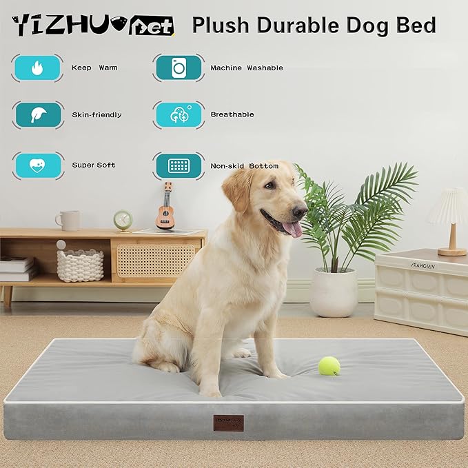 Dog Bed Mats for Big Dogs - Orthopedic Dog Pet Bed Thick Egg Foam Crate, Removable Washable Cover, Non-Slip Bottom Durable Dog Crate Bed Mat (Light Grey, XL(42''x30''x4''))