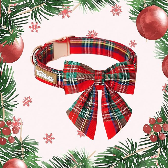 Tunkoo Christmas Dog Collar with Pretty Bow Tie - Red & Green Plaid Pet Collar, Adjustable Available in Small Medium Large, Gift for Girls Boys Dog, M