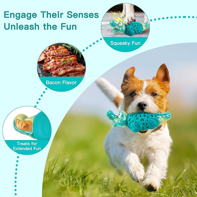 FurtasticiFinds Dog Chew Toys for Aggressive Chewers, Tough Squeaky Dog Toy for Large Medium Dogs, Bacon Flavor Nylon & Natural Rubber, Dental Care Interactive Dog Toys to Reduce Boredom, Teal
