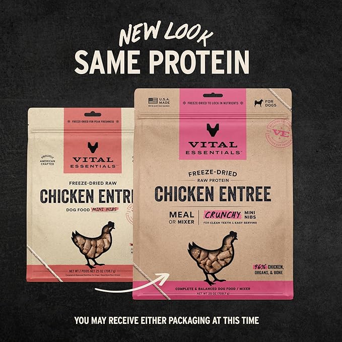 Vital Essentials Freeze Dried Dog Food, Raw Chicken Crunchy Mini Nibs | Complete Meal or Mixer | High Protein, Low Carb, Grain Free, Dry Dog Food | 25 oz