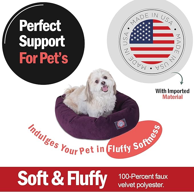 Majestic Pet 24 Inch Micro Velvet Calming Dog Bed Washable – Cozy Soft Round Dog Bed with Spine for Head Support - Fluffy Donut Puppy Mat 24x19x7 (inch) Small – Aubergine (2025)