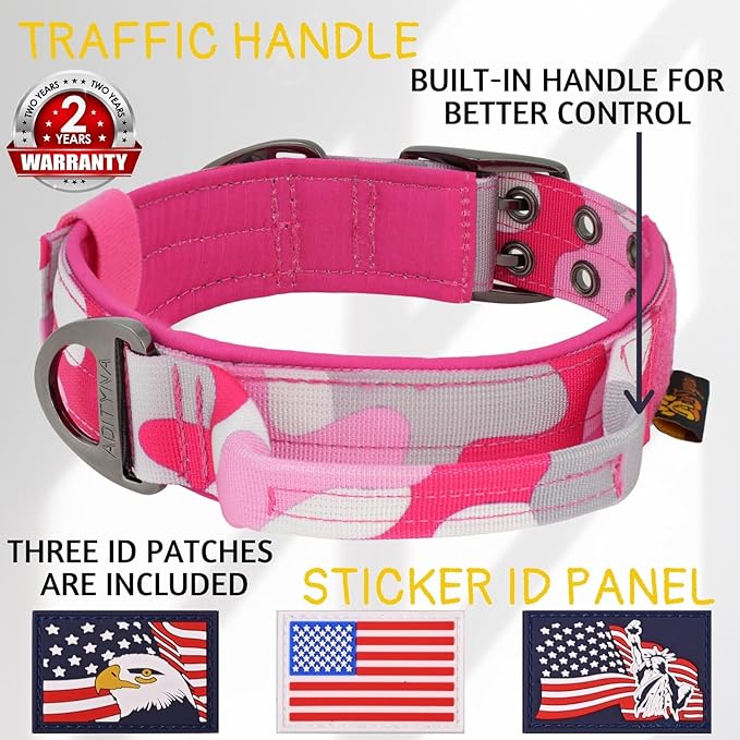 ADITYNA Heavy Duty Dog Collar for Extra-Large Dogs - Camo Pink Collar with Handle for Training, and Walking - Wide, Tactical, Soft Neoprene Padded