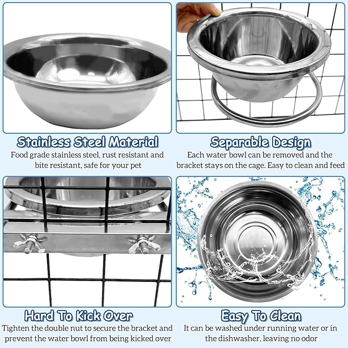 kathson Kennel Water Bowl 3 Sets Hanging Cage Crate Bowl Anti-Spill Pet Metal Bowl Stainless Steel Detectable Bowls Crate Feeder Dish for Medium and Small Sized Dogs Cats Pets (7.0 x 3.0in)
