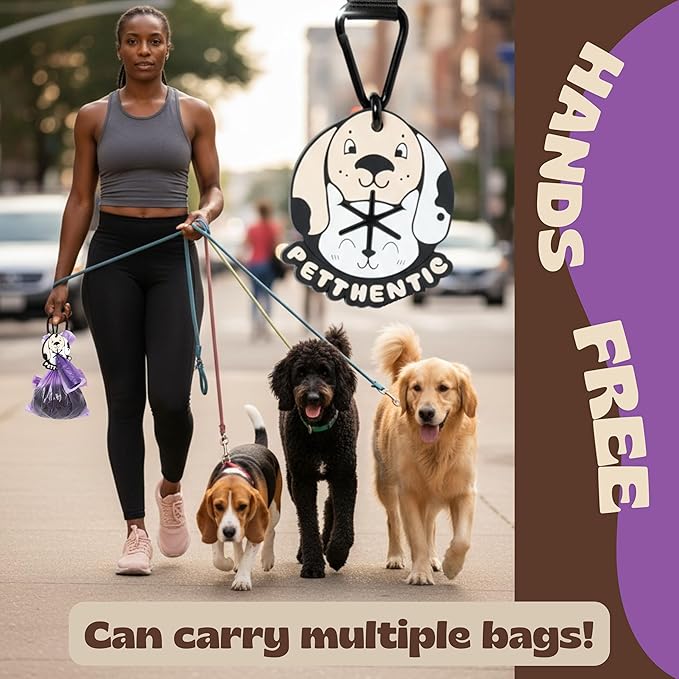 PETTHENTIC Dog Waste Bag Holder, Bag Carrier with Carabiner Clip, Hand Free Rubber Holder, Hands Free Poop Bag Carrier for Leash, Pet Waste Bag Holder for Dog, Walking, Running, or Bicycle Accessory
