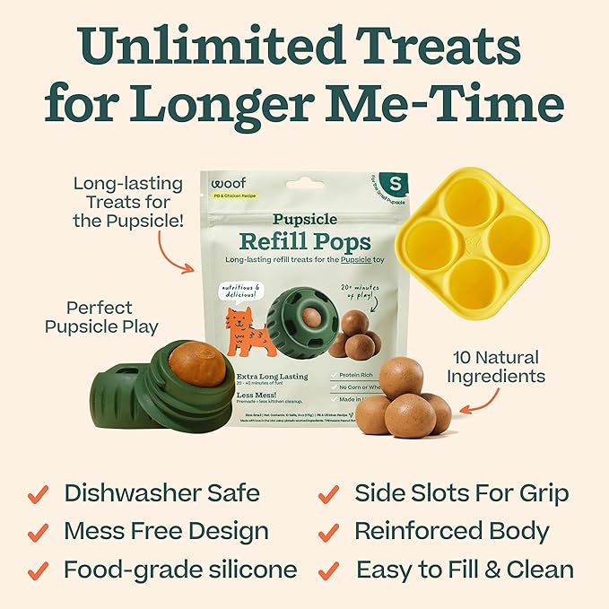 WOOF Starter Pack - Interactive Dog Ball Toy for Boredom - Dog Treat Molds Silicone - Chicken-Flavored Healthy Treats for Dogs - Pupsicle Doggy Enrichment Toy - for Small Pups - 10-25 lbs