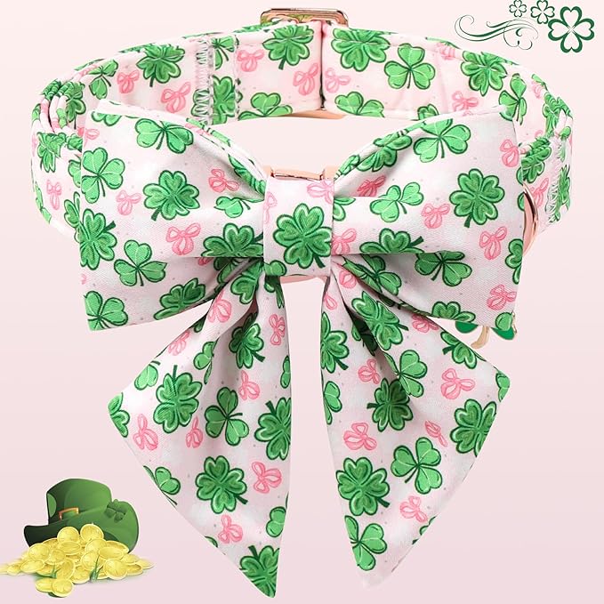 DOGWONG St. Patrick's Day Shamrock Dog Collar with Sailor Bow,Pink Green Four Leaf Clover Pattern Dog Collar, Adjustable Durable Soft Collars Irish Gift for Girl Female Puppy,XS