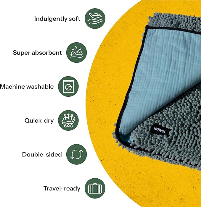 Throw Down Towel for Drying Dogs, 43" x 35", Ultra Absorbent Microfiber, Quick-Drying, Double-Sided Suede Chenille, Machine Washable, Soaks Over 2L, Grey Dog Bath Mat Towel