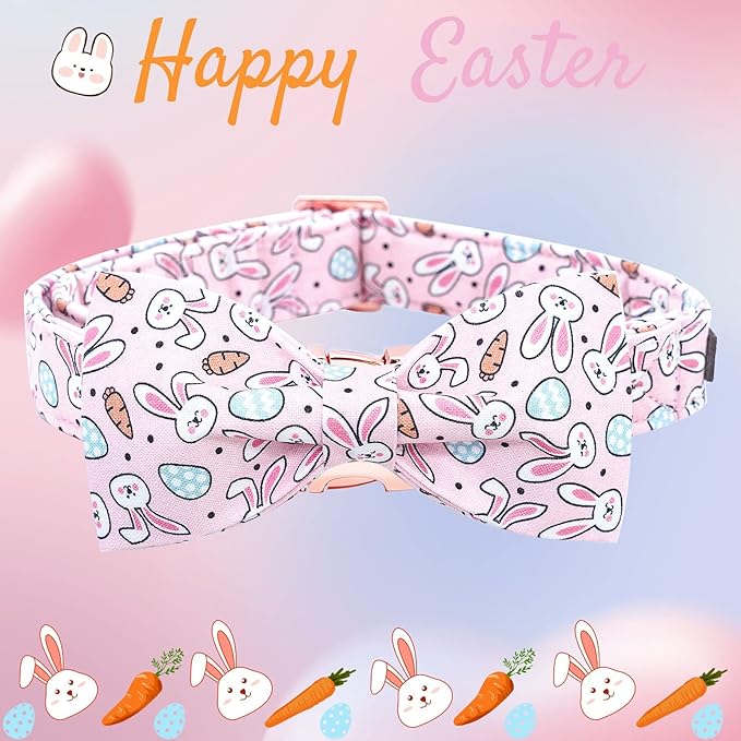 Elegant little tail Easter Dog Collar, Bunny Carrots Pet Collar with Bowtie Cute Pink Pet Bow Puppy Collars Adjustable Dog Collars for X-Large Dogs