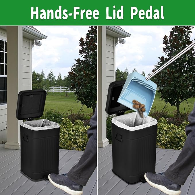 Dog Poop Trash Can with Lid for Outdoors，3.2 Gallon Trash Can with Activated Carbon Filter & Plastic Bags, Pet Waste Container，UP12L-BK-F+90BK