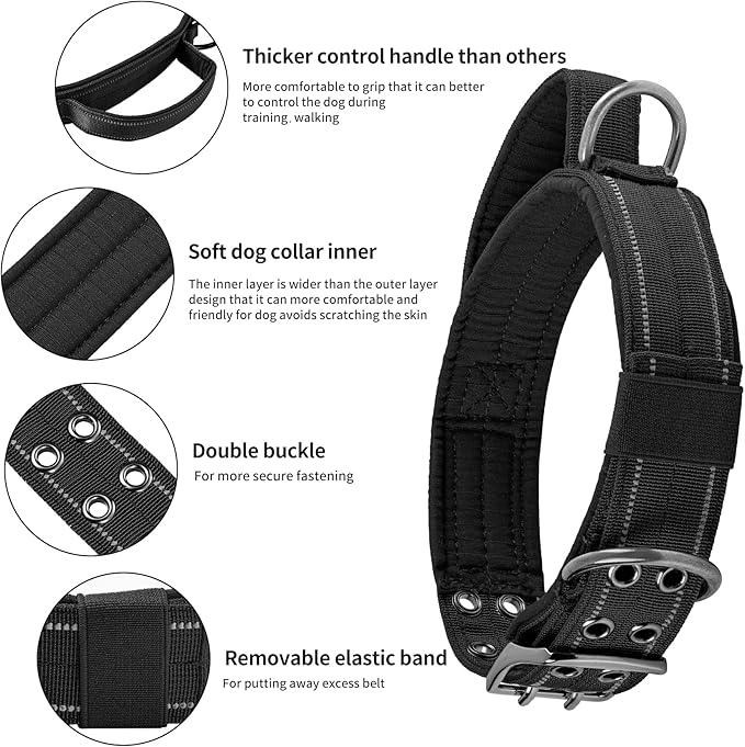 Annchwool Tactical Dog Collar for Medium and Large Dog,Adjustable Military Dog Collar with Soft Padded Handle,Heavy Duty Double Buckle Design(Black,XL)