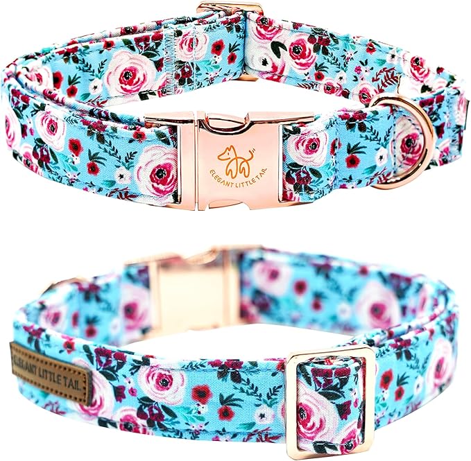 Elegant little tail Dog Collar with Flower, Pink Rose Print Pet Collar Flower Pet Collars Summer Cute Adjustable Dog Collars for Small Dogs