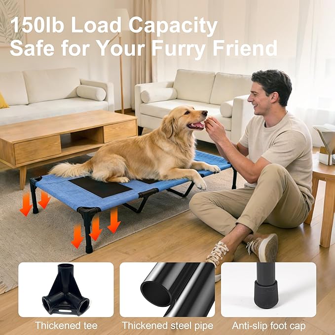Raised Dog Bed, Raised Pet Cot for Medium and Large Dogs, Cooling Breathable Mesh, Durable Sturdy Frame, Washable Cover, Portable and Easy to Assemble Indoor/Outdoor Pet Bed, Blue, L