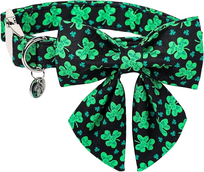 DOGWONG Green Lucky Clover Shamrock Dog Collar with Bowtie, Soft Adjustable St. Patrick's Day Lucky Charm Black Puppy Collar for Small Medium Large Dog