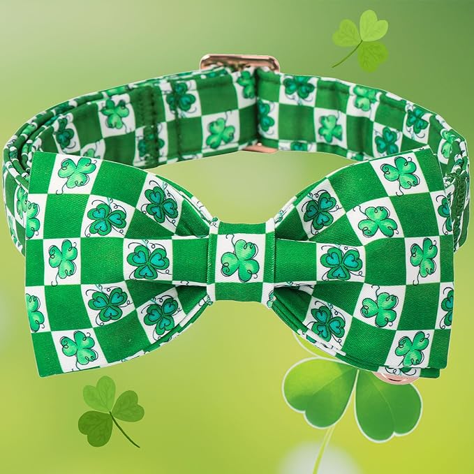 DOGWONG St.Patrick's Day Dog Collar Green Clovers Plaid Bowtie Dog Necklace Adjustable Dog Collar Bow Tie for Small Medium Large Dogs
