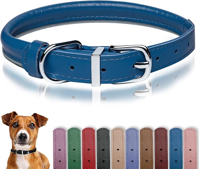 OOPSDOGGY Rolled Leather Dog Collar Reflective Roll Collars for Small Medium Large Dogs Puppy (Dark Blue, XXL, 20'' -24'')