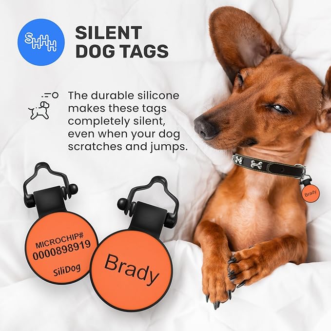 SiliDog - The Original Silicone Silent Dog Tag - Personalized Engraved Soundless Pet ID - As Seen On Shark Tank - Durable - Never Fades - Circle - Orange