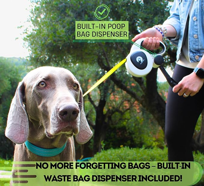 Snuggle Paws Retractable Dog Leash 16ft Heavy-Duty – All-in-One for Medium Dogs up to 66 lbs, LED Flashlight & Reflective Tape, Chew-Proof Cable Extension, No-Tangle 360° Swivel, Poop Bag Holder
