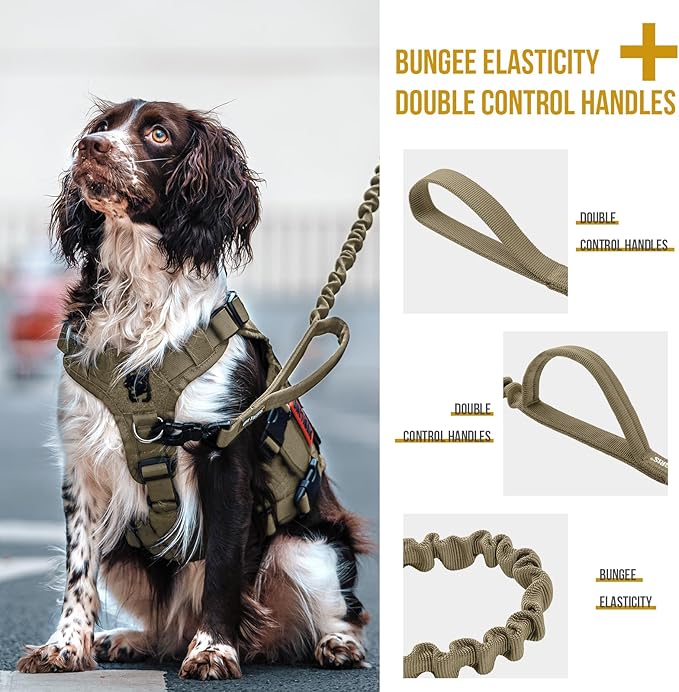 OneTigris Tactical Dog Training Bungee Leash with Control Handle Quick Release Nylon Leads Rope (Tan)