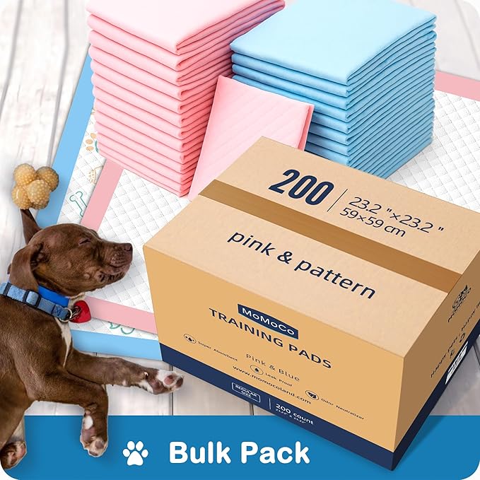 MoMoCo Puppy Pads 23″×23″ Disposable Dog Pee Pads Super Absorbent, Leak-Proof Puppy Training Potty Pads, 200-Count Value Pack (Pattern100 + Pink100)