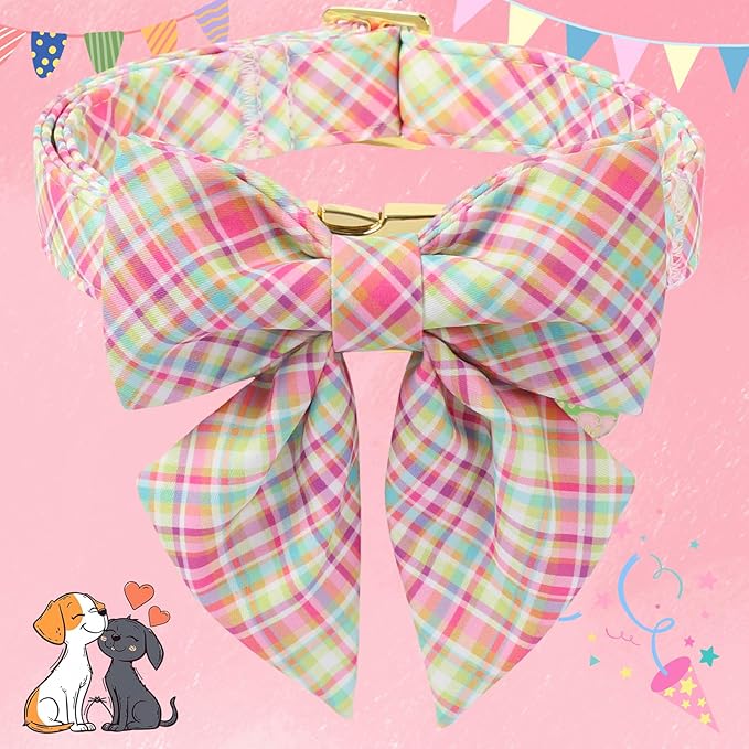 DOGWONG Easer Dog Collar with Sailor Bow,Colorful Plaid Dog Collar, Adjustable Durable Soft Easter Dog Collars for Male Female Dogs,S