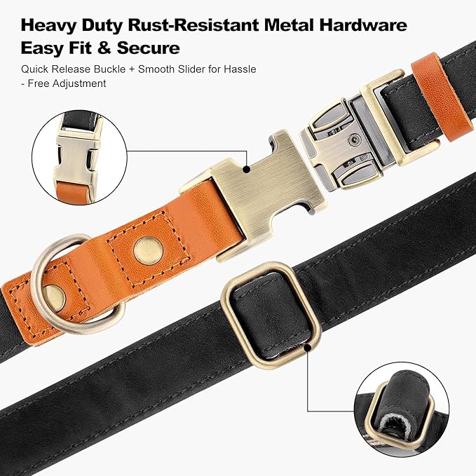 Plutus Pet Genuine Leather & Hemp Dog Collar – Adjustable Heavy Duty Pet Collar with Quick Release Metal Buckle, Soft & Stylish for Puppy and Small, Medium, Large Dogs (Black, L)