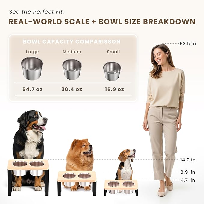 8.9" Tall Elevated Dog Bowls - Ergonomic Stainless Steel Dog Bowls with 10° Tilt in Bamboo Wood Stand for Medium Breed