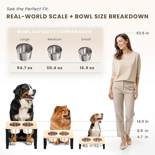 14" Tall Elevated Dog Bowls - Ergonomic Stainless Steel Dog Bowls with 10° Tilt in Bamboo Wood Stand for Tall & Large Breed