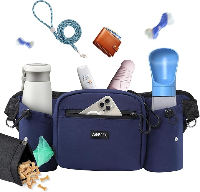 AGPTEK Dog Walking Fanny Pack, Large Capacity Dog Training Treat Pouch, Waist Bag with Removable Snack Pouch, Water Holder, Poop Bag Dispenser, Waterproof Zipper, Adjustable Strap, Dark Blue