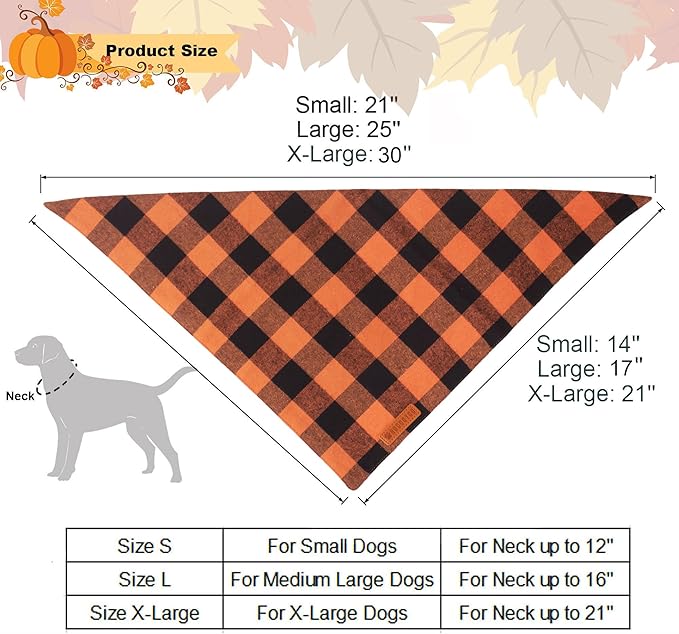 ADOGGYGO Fall Dog Bandanas 2 Pack, Halloween Thanksgiving Holiday Pet Scarf, Multiple Sizes Offered, Orange Plaid Fall Bandana for Large and X-Large Dogs (X-Large)