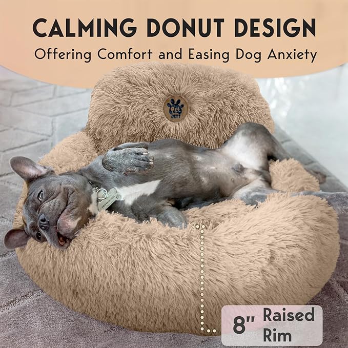 PetJett Calming Dog Beds for Small Dogs – 23" Donut Dog Beds, Anti-Slip & Washable Fluffy Plush Faux Fur Pet Bed, Anti-Anxiety Premium Comfort Round Puppy Bed, Fits Dogs up to 25 lbs – Beige