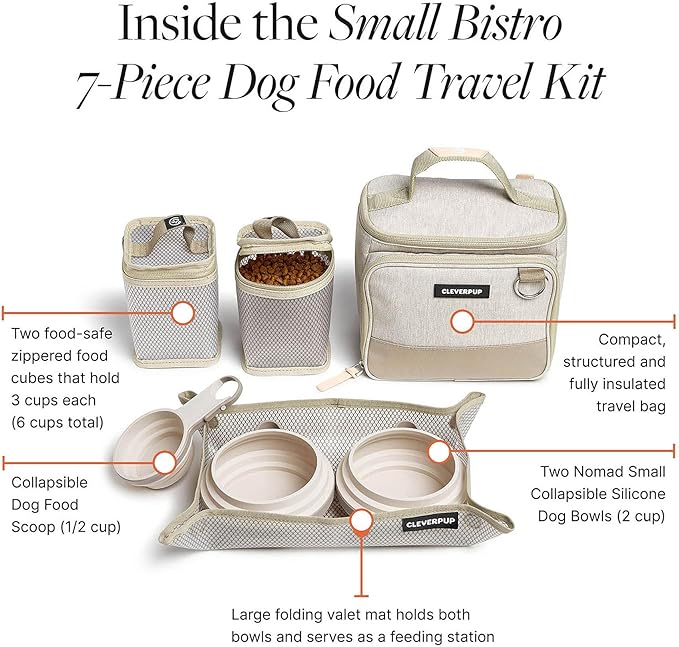 Cleverpup Small 7-Piece Bistro Box Dog Food Travel Kit, 6-Cup BPA-Free Kibble Storage, 2 Silicone Bowls, Mat & Scoop - Portable Pet Food Kit for Weekends, Overnights, Daycare & Camping, Sand