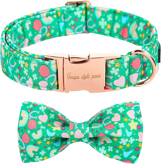 Unique style paws St. Patrick's Day Dog Collar with Bow Tie Rainbow Clover Heart Puppy Collar for Small Medium Large Boys Girls-XL