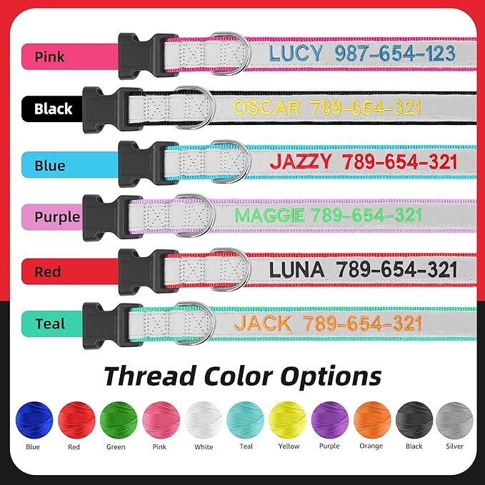 Personalized Dog Collar with Name & Phone Number, Custom Embroidered Reflective Collar for Dogs, Adjustable XS S M L Size with Quick Release Buckle, Durable Nylon (Solid with Reflective Strip)