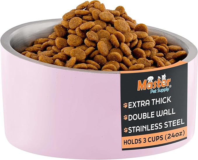 Master Pet Supply Stainless Steel Slanted Dog Cat Food Bowl - 24 oz Heavy Duty - Rose Quartz, Double Wall Insulated, Non-Slip Elevated Bowl for French Bulldogs Pugs Cats, Anti Rust Dishwasher Safe