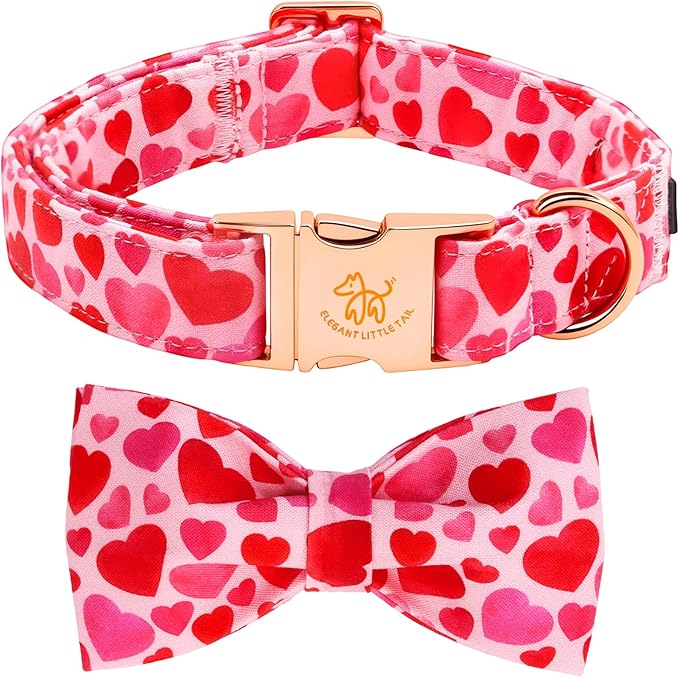 Elegant little tail Valentine's Dog Collar - Pink Red Heart Dog Collars Bowtie Pet Collars with Sturdy Metal Buckle Cute Bow Puppy Adjustable Collar for X-Large Dogs