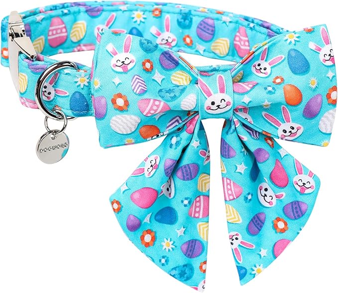 DOGWONG Cotton Easter Dog Collar with Bowtie, Soft Adjustable Blue Rabbit Easter Day Dog Collar Cute Egg Puppy Collar for Small Medium Large Dog
