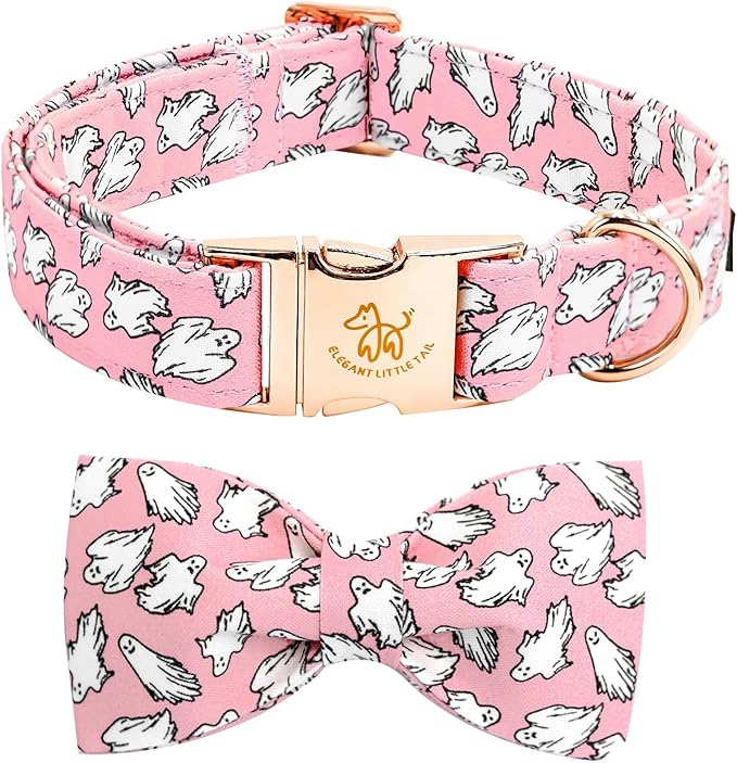 Elegant little tail Halloween Dog Collar, Pink Ghosts Print Dog Collar with Bow Puppy Collar Bowtie Flower Female Cotton Adjustable Collars for Small Medium Large Dogs