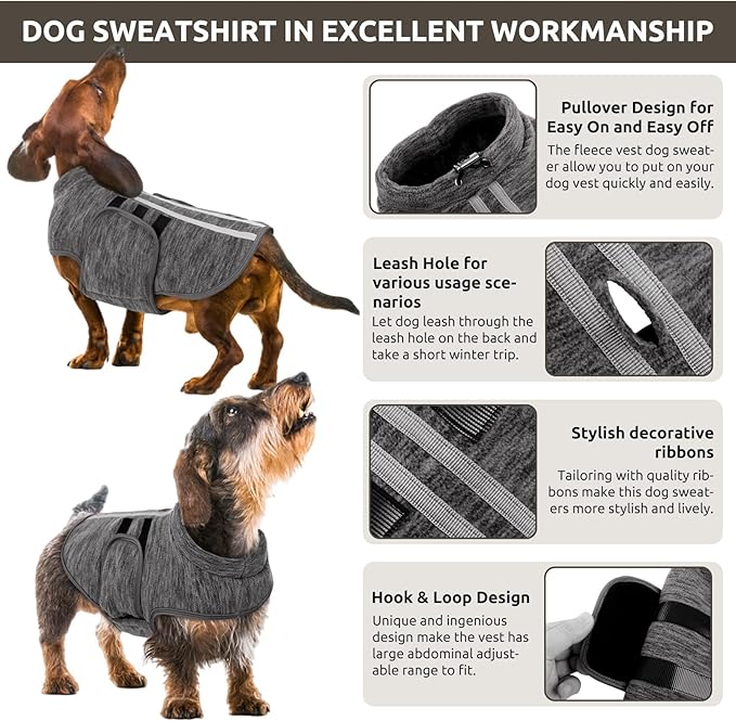 Queenmore Small Dog Sweaters, Soft Fleece Vest Pullover Dog Jacket with Leash Hole, Warm Winter Dogs Clothes Cold Weather Doggy Dachshund Sweater for Small Dogs Cats Boy or Girl (Cationic Gray, XS)